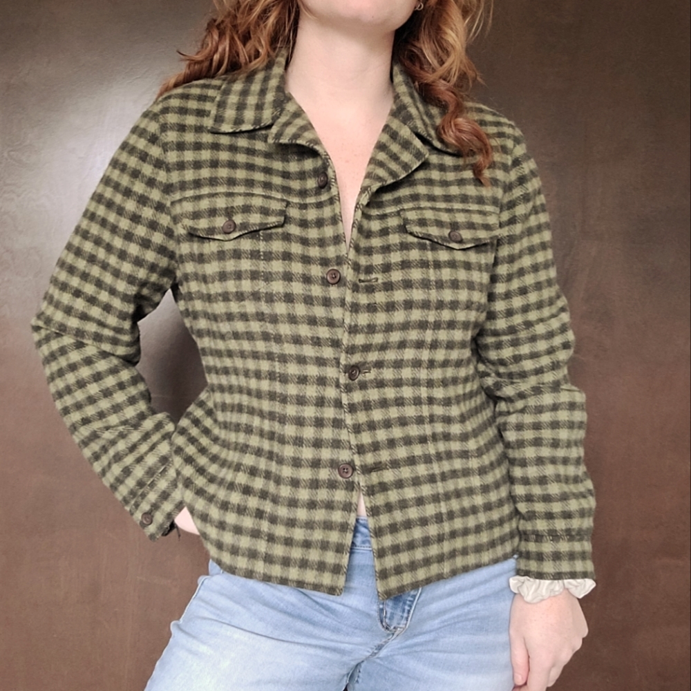 Vintage Preppy Coastal Twee Western Indie Green Plaid Tartan Button Down Jacket